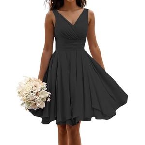 Korte bruidsmeisjes jurken voor vrouwen mouwloze geplooide chiffon V-hals A-lijn formele jurken avondjurken, Zwart, 56