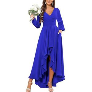 KURFACE Bruidsmeisjesjurken met lange mouwen voor vrouwen met zakken geplooide chiffon formele avondjurk feestjurk, koningsblauw, 32