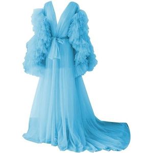Lange Mouw Geplooide Moederschap Tule Gewaad Voor Fotoshoot Zwangere Badjas Pure Lingerie Nachtjapon AH141, Blauw, 32