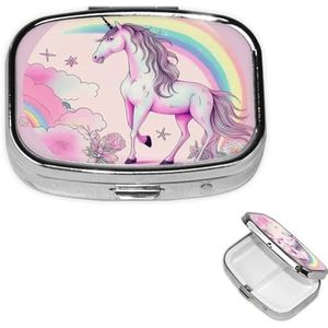 Pillendoos met 2 vakken voor handtas en tas, reispillendoos, snoeproze, regenboog, schattige eenhoorn, voor vitaminen, visolie
