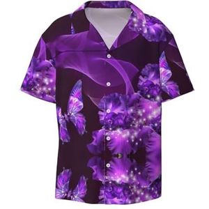 TyEdee Paarse vlinderprint heren korte mouw overhemden met zak casual button down shirts business shirt, Zwart, XXL
