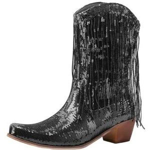 Dames pailletten glanzende hoge hakken metallic westerse cowboylaarzen met kwastjes laarzen, Zwart, 39.5 EU