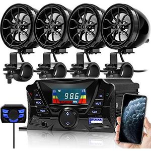 GoldenHawk USA Motorfiets Waterdichte Bluetooth Draadloze Speaker 7/8-1 inch Stuur Mount MP3 Muziekspeler Geluid Audio Stereo Versterker Systeem ATV UTV w/AUX IN, USB, micr SD, FM Radio,