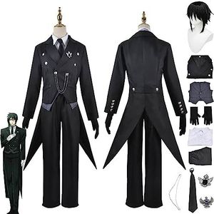 Anime Black Butler Kuroshitsuji Sebastian Michaelis Cosplay Kostuum Outfit Zwart Uniform Pruik Volledige Set Halloween Carnaval Party Dress Up Pak voor Mannen Jongens (XXL)