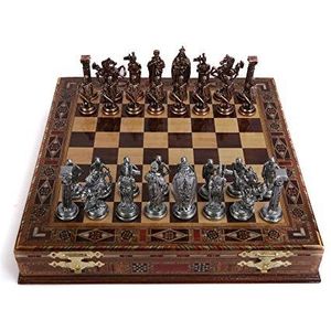 Koninklijke middeleeuwse Britse leger antieke koperen metalen schaakset voor volwassenen, handgemaakte stukken en natuurlijke massief houten schaakbord met opslag binnen koning 3,35 inc