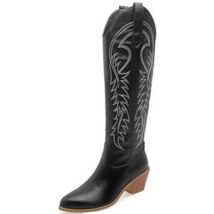 Onewus Geborduurde kniehoge westernlaarzen voor dames, vintage met dikke hakken, zwart, 39 EU