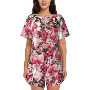 YQxwJL Flamingo Bloemen Gedrukt Print Vrouwen Pyjama Sets Shorts Korte Mouw Lounge Sets Nachtkleding Casual Pjs Met Zakken, Zwart, 3XL