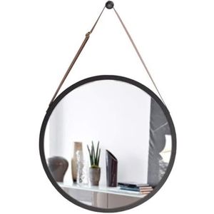 JLVAWIN Decoratieve vintage decoratieve ronde houten hangende spiegel, badkamerspiegels met ophangriem, creatieve make-up scheerspiegels, zwart (maat: 38 cm)