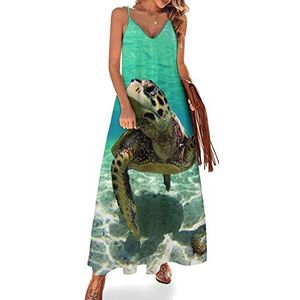 Zeeschildpad bedrukte zomerjurk voor dames, maxi-jurk, V-hals, mouwloos, spaghettibandjes, lange jurk