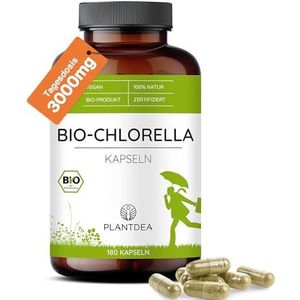 PlantDEA Biologische chlorella-capsules, 3000 mg dagdosis, 180 chlorella-capsules, hoge dosis, in het laboratorium getest, biologisch chlorella-poeder, veganistisch chlorella-preparaat, zonder