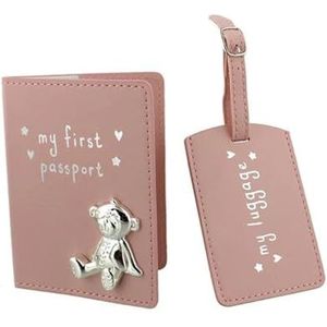 Button Corner PU My First Passport & Luggage Tag Set with Metal Teddy icon Pink CG988P, 200 g
