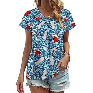 Mooie Cartoon Shark Vrouwen V-hals T-shirts Leuke Grafische Korte Mouw Casual Tee Tops 5XL