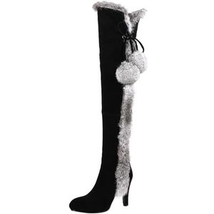 Mo Joc Dames nubuckleer plateau dijbeenhoge laarzen / overknee-laarzen met puntige kant en zijdelingse ritssluitingen en lapin-versiering, zwart, 43 EU