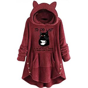 Hoodies dames schattige bovendelen Kawaii karikatuur pluche mantel herfst en winter pullover coats trui tops oversize bontjas capuchon mantel winter kat print, wijnrood, Small,