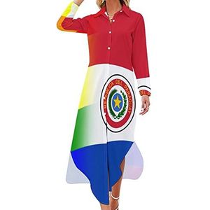 LGBT Pride Paraguay vlag dames maxi-jurk lange mouwen knopen overhemd jurk casual feest lange jurken 4XL