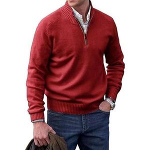 Heren kasjmier rits basic trui, gebreide trui casual lange mouwen trui solide gebreide trui, Rood, XL