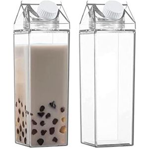 balderdash Transparante melkfles, 2 stuks, vierkant, transparant, waterfles van melkkarton, herbruikbaar, 500 ml/1000 ml, vierkante fles met verzegeld deksel