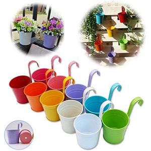 GIOVARA Bloempotten om op te hangen, hangende bloempot van metaal, kleurrijke hangende bloempot voor balkon, hek, tuin, muur, robuuste hangpot met afneembare haak en afvoergat, set van 10 stuks (10 x 10 x 8 cm).