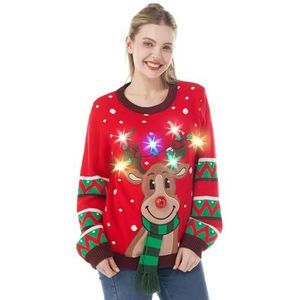 Joyin Kersttrui voor dames, kersttrui, familie, verlicht, led, trui, Kerstmis, lelijk, grappig, winter, warm, ronde hals, rendier, knipperend, lange mouwen, buitenkleding, rood, zwart, blauw, Rood, L