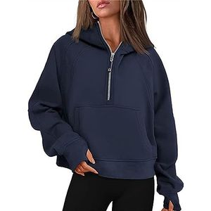 Vrouwen Cropped Hoodies Kwart Half Zip Cropped Hoodies Sweatshirts Zip Up Pullover Sweaters Duim Gat Workout Hoodie Zip Up (Color : Navy, Size : S)