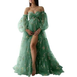 KIYNE Zwangerschapsjurk voor dames, met bloemenborduurwerk, tule, zwangerschapsjurk voor fotoshoot, vogeljurk, zwangerschapsjurk voor babyborrel, Pauw, 32