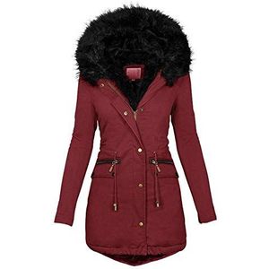 KEERADS Winterjas voor dames, lang, warm, gewatteerde jas, parka, teddybont, gevoerd, met kunstbont, kraag, capuchon, effen, casual, rood, S-5XL, rood, 3XL