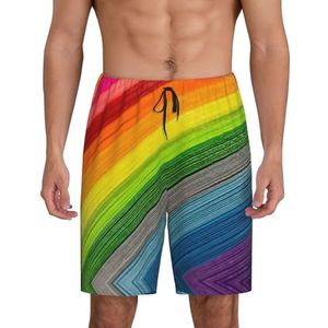 Heren Regenboog Kleur Streep Print Lounge Shorts Pyjama Bottoms Nachtkleding Shorts Kerst Shorts Losse Sport Broek, Zwart, L
