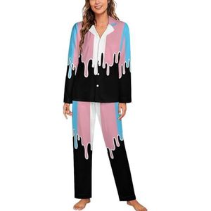 Trans Pride Kleur Smeltende Vlag LGBT Lange Mouw Pyjama Sets Voor Vrouwen Klassieke Nachtkleding Nachtkleding Zachte Pjs Lounge Sets