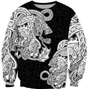Viking Mythology 3D-geprint Sweatshirt - Noordse Keltische Draak Unisex Hip Hop Street Pullover Hoodie - Lente en Herfst Lange Mouw Trekkoord Los Jack(Color:Round Neck,Size:5XL)