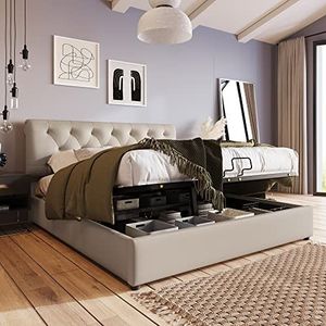 Moimhear Hydraulisch tweepersoonsbed, gestoffeerd bed, verstelbaar hoofdeinde, bed met lattenbodem van metalen frame, modern bedframe met opbergruimte, natuurlijk (200 x 160)