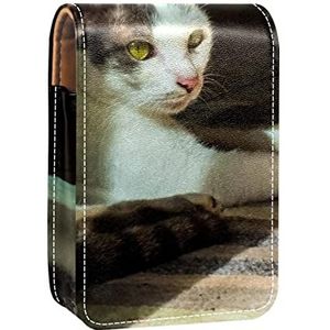 Kat Patroon Lipgloss Houder Lipstick Case Draagbare Mini Lipstick Opbergdoos Reizen Lipstick Organizer Case met Spiegel voor Vrouwen, Meerkleurig, 9.5x2x7 cm/3.7x0.8x2.7 in