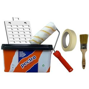 PECTRO Verf voor muren en plafonds 4L Set binnen- en buitenverf compleet kit met roller, kwast, rooster en afplaktape – Muurverf met gerecyclede plastic verpakkingen
