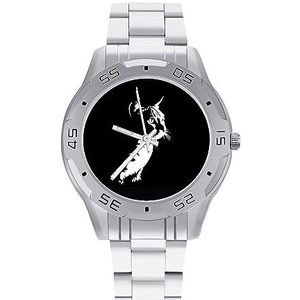 Silhouet Kat op Zwarte Mannen Polshorloge Mode Sport Horloge Zakelijke Horloges met Roestvrij Stalen Armband, Stijl, regular