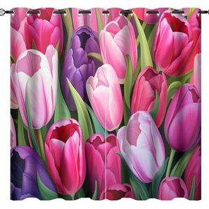 AEMYSKA Aquarel Tulpen Verduisterende Gordijnen voor Woonkamer Kleurrijke Natuurlijke Retro Bloemen Raambehandeling Thermisch Geïsoleerde Gordijnen voor Slaapkamer 160 x 160 cm Print Tule Gordijn