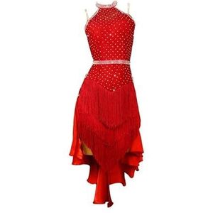 Yhwacyznm Dames Latin Professional Wedstrijdjurken met Kwastjes Salsa danskleding Tango danskleding met Strass Cha Cha Kleding met Open Rug Zachte Ademende outfit voor rumba,Rood,L