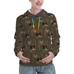 JIUTY Lodge Bear Deer Dameshoodie met capuchon, warme pullover met voorzak, winterhoodies met zakken, Zwart, S