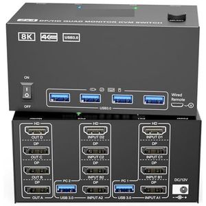 KVM-switch for 4 monitoren, 2 computers, 4K144Hz + Displayport, ondersteuning for 8K30Hz, 3 pc's, drievoudi monitor KVM-switches Naadloze Schakeling