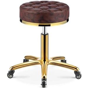 FXLUHAY Draaibare salonkruk, schoonheidsstoel met wielen en roestvrijstalen basis, in hoogte verstelbaar, rond lederen kussen, rolkruk voor werk, medische tatoeage, salon, kantoor (bruin)