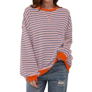 TERIVEEK 2000 Oversized sweatshirt voor dames met lange mouwen en ronde hals, casual gestreepte trui met losse pasvorm, Roze Blauw, XL