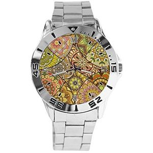 Retro Bloemenprint Mode Vrouwen Horloges Sport Horloge Voor Mannen Casual Rvs Band Analoge Quartz Horloge, Zilver, armband