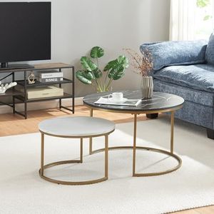 [en.casa] Salontafel Christchurch set van 2 bijzettafels rond tafels met metalen frame marmer zwart wit en goudkleurig