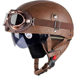 Retro leren motorhelm - Vintage jethelm met bril - ECE-gecertificeerd - Duitse stijl crosshelm (bruin (kleur), L/59-60 cm)