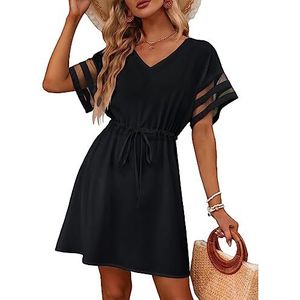 RPAEOY Vrouwen Bikini Cover Ups V-hals Korte Mouw Mini Strandjurk Beachwear Badpak Cover Up Shirt Sexy Casual Zomer Zwembad Badmode Badpak, Zwart, M