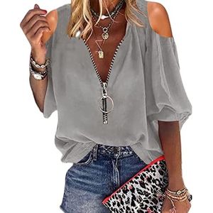 OHXSM Vrouwen Casual Koude Schouder Blouse V-hals Zip Korte Mouw Tops Zomer Sexy V-hals Off De Schouder Korte Mouw Blouse T-shirts L E-grijs