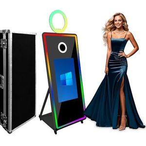 Magic Mirror Fotocabine met 32 inch touchscreen, spiegelfotocabine touchscreen met LED-frame en RGB-lichtring, 65 inch selfie-fotocabine voor verhuur van feestevenementen (65 inch zwart+flightcase)