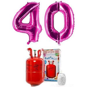 PARTY FACTORY Helium Set ""40"" met XXL nummer ballonnen, ballongas en ballonkoord - voor verjaardag, jubileum, verjaardag; goud, zilver, zwart, roze, roségoud, veelkleurig (Roze)