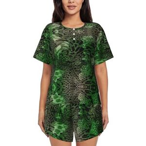 YQxwJL Groene Snake Print Vrouwen Pyjama Sets Shorts Korte Mouw Lounge Sets Nachtkleding Casual Pjs Met Zakken, Zwart, 3XL