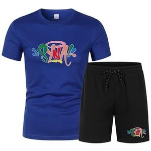 Syna World Zomer Casual Sportshort Met Korte Mouwen,2-delige Set Zwart Kort Trainingspak Voor Heren,11 Kleuren,Katoen,ademend,Unisex T-shirt-shortset Voor Dames(Color:7,Grootte:L)