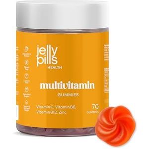 Jelly Pills Multivitaminen Gummies voor Volwassenen – 70 Vegan Gummies – Zonder Toegevoegde Suikers – Aardbeiensmaak – Vitamines & Mineralen voor Energie & Weerstand