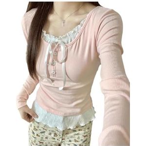 Y2K Coquette Shirts voor Dames Kant Patchwork Strakke Crop Tops Esthetische Baby Tee Vlinderdas Cutecore Kleding